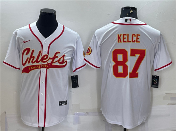 Men's Kansas City Chiefs ##87 Travis Kelce White With Patch Cool Base Stitched Baseball Jersey